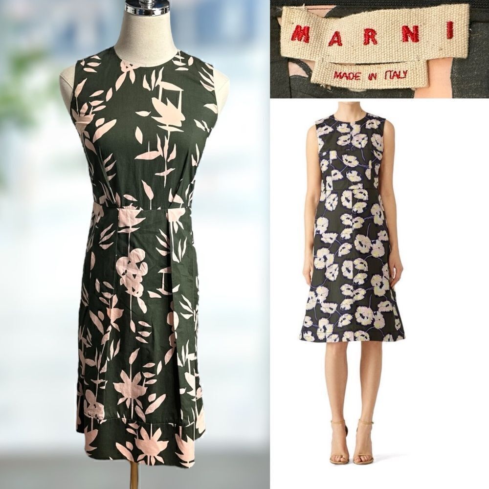 🔥 Marni Flounce Hem Floral Leaf Print Olive Green Dress Size 36 US size 0